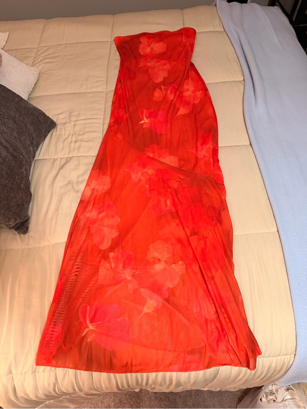 Vibrant Red Strapless Floral Maxi Dress
